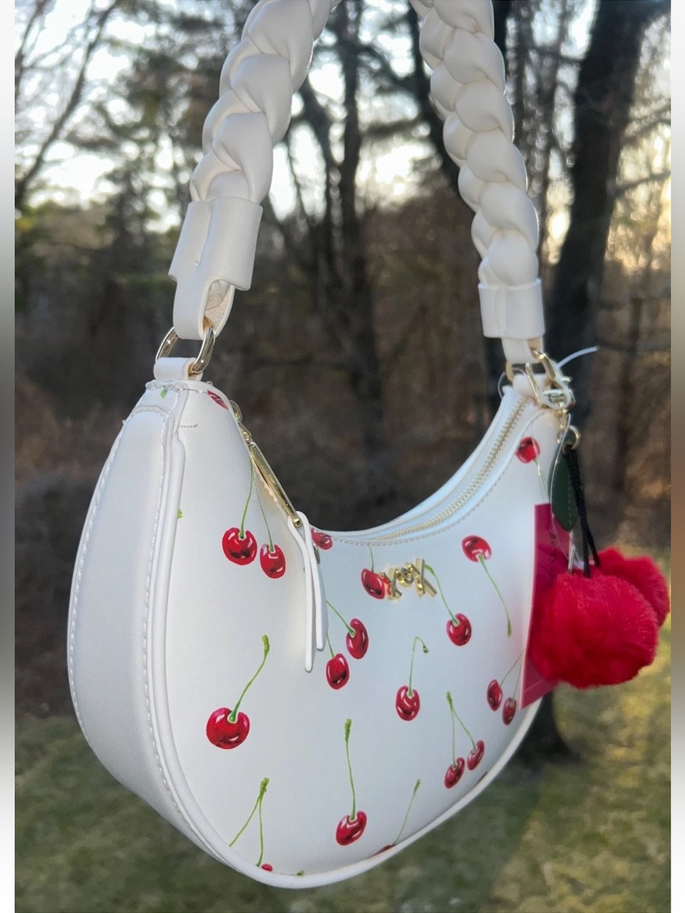 Betsey Johnson White Cherry Print Shoulder Bag with Red Pom Pom Accent - Picture 2 of 7
